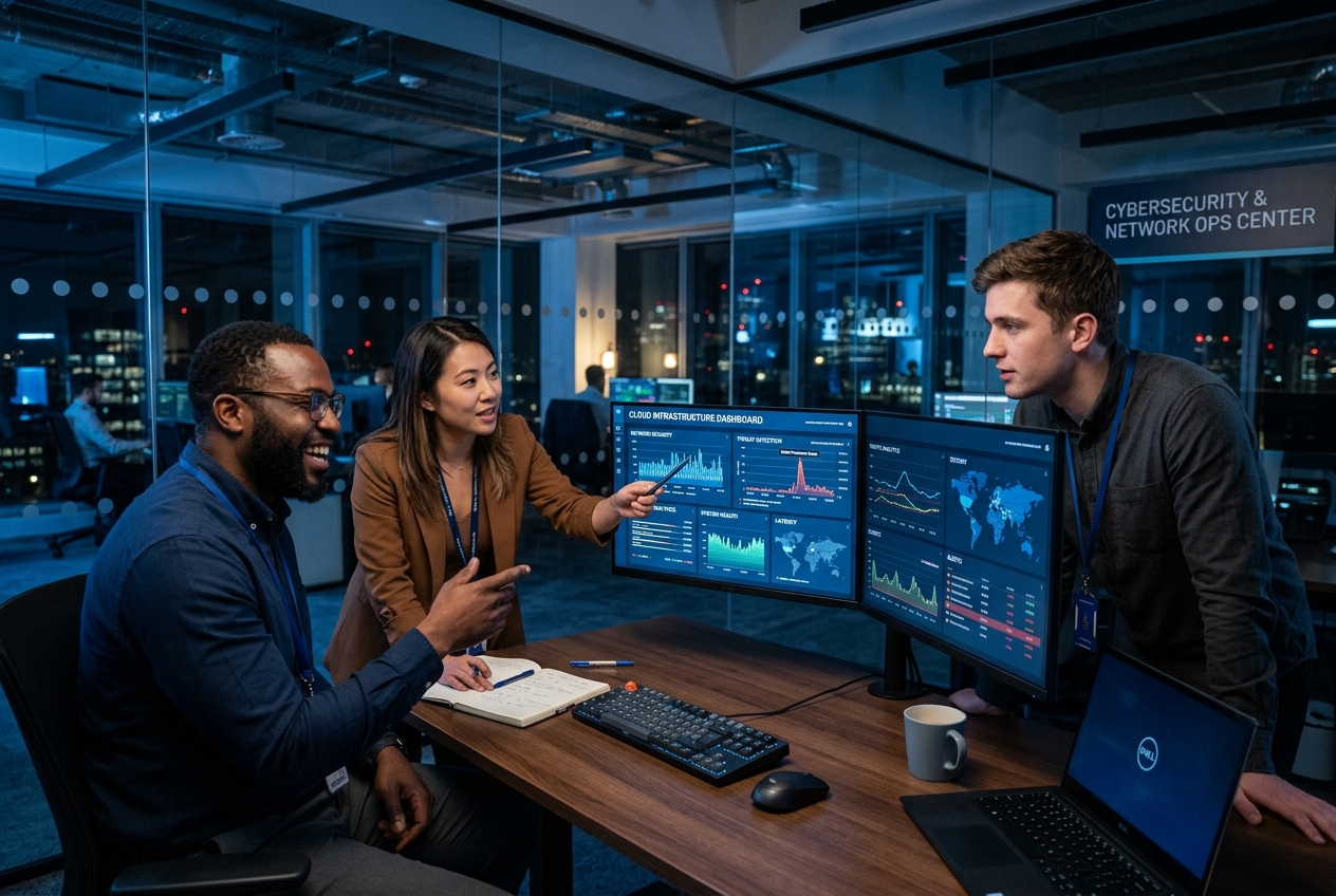 Modern IT team collaborating around secure cloud infrastructure dashboards in a blue-toned office