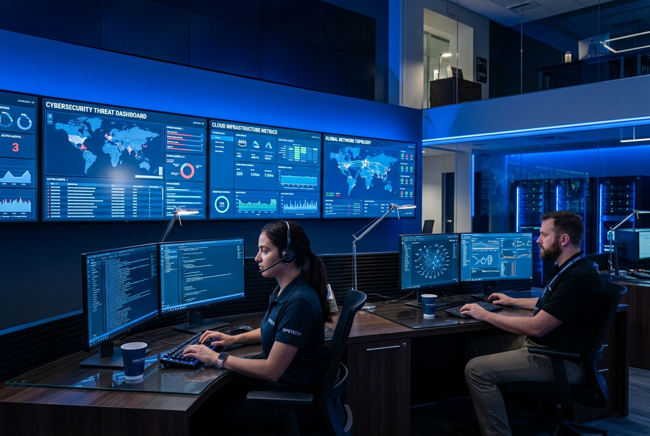 Modern IT operations command center with blue dashboards and analysts monitoring cybersecurity and cloud infrastructure